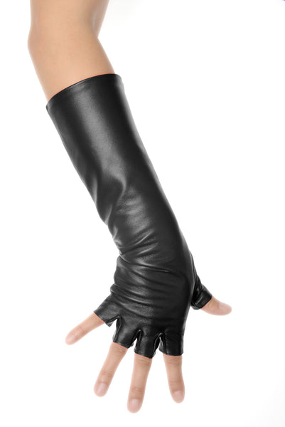 Black Fingerless Mid Length Leather Gloves