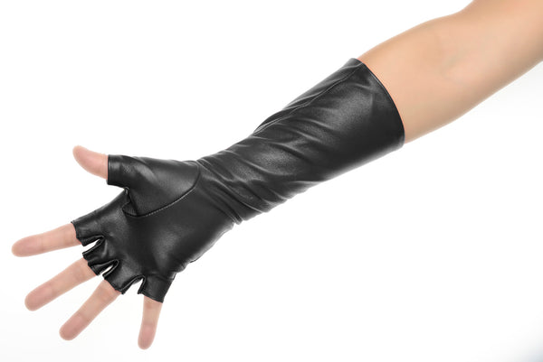 Black Fingerless Mid Length Leather Gloves