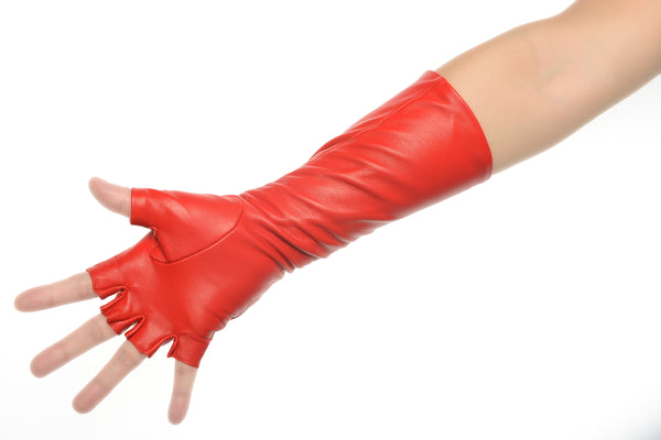 Lipstick Red Fingerless Mid Length Leather Gloves