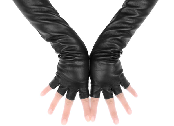 Extra Long Black Fingerless Leather Gloves
