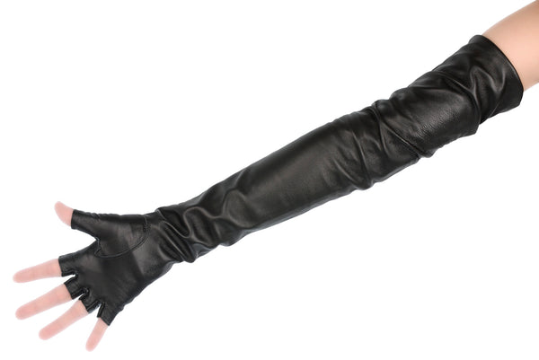 Extra Long Black Fingerless Leather Gloves