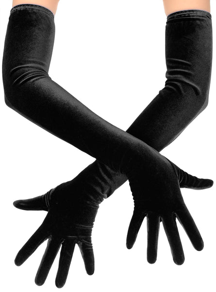 Long Black Plush Velvet Opera Gloves