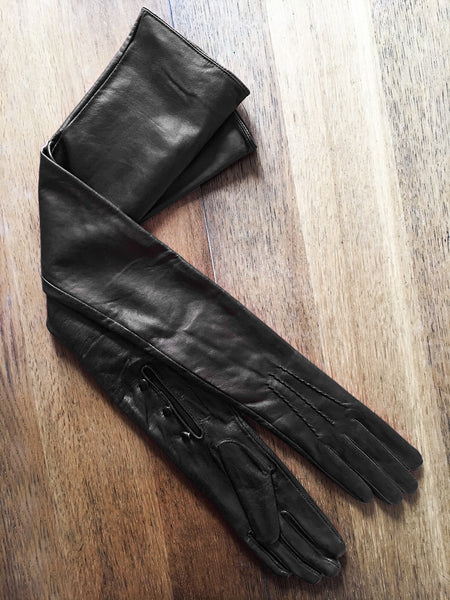 Long Black Leather Opera Gloves Button Wrist