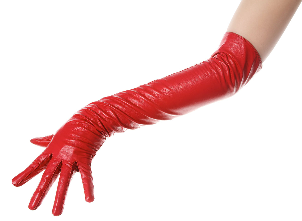 side view of long red leather gloves worn on the hand