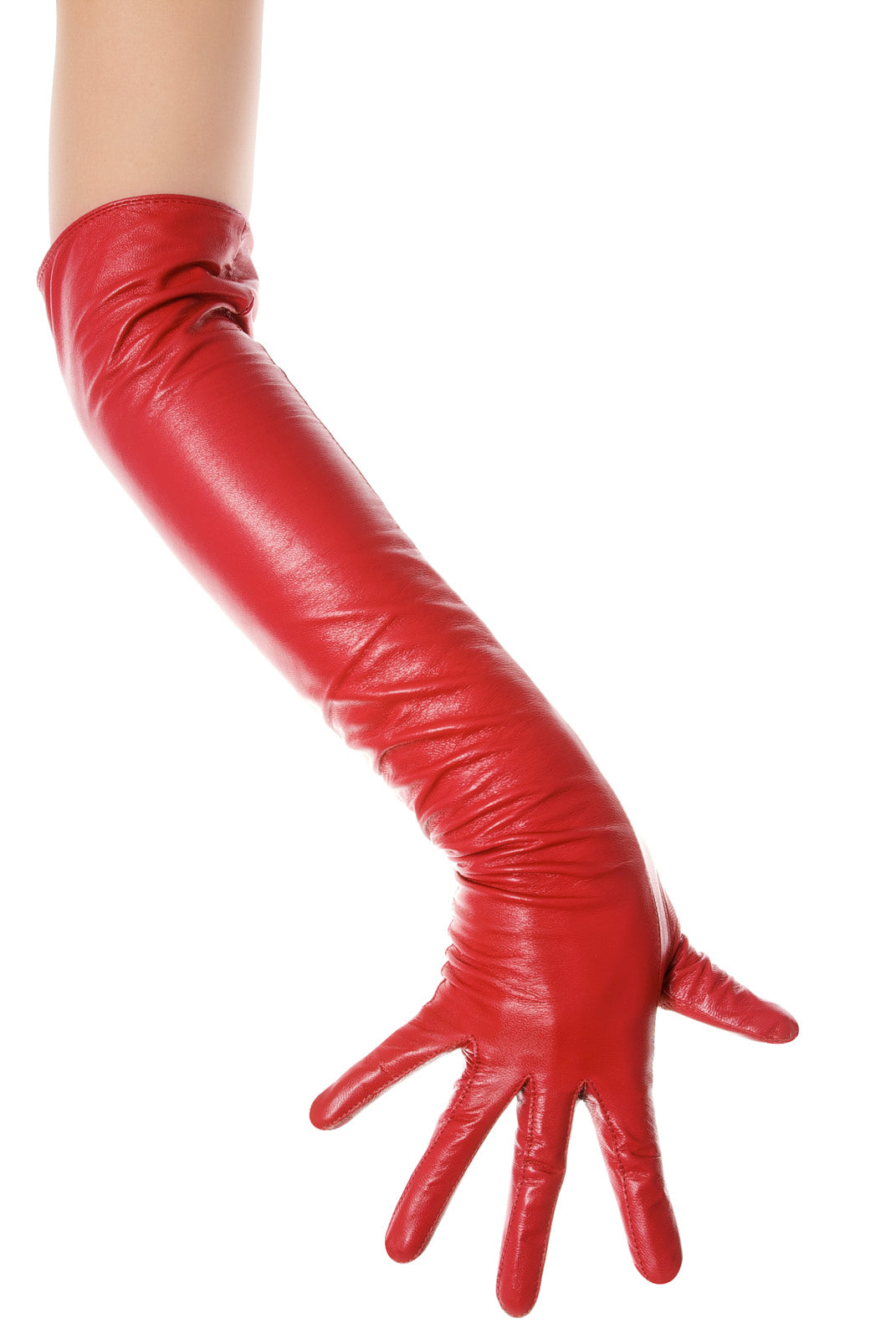 Red opera leather gloves over the elbow worn by model