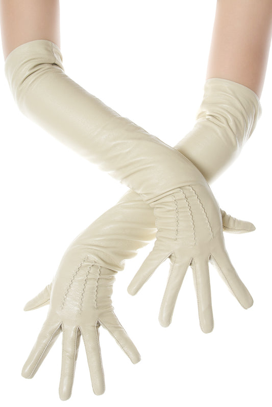 A pair of beige, long opera leather gloves worn by a model on a white background.