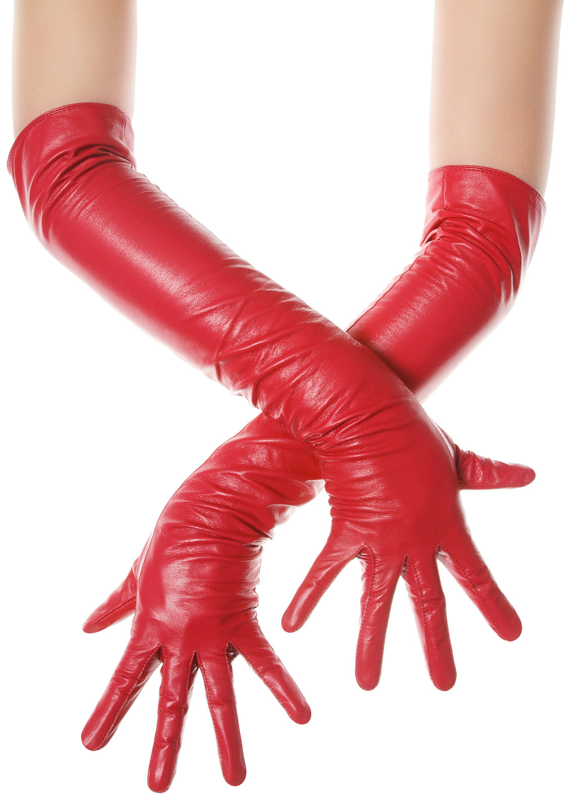 A pair of red opera leather gloves extending to the elbow, displayed in a crossed position.